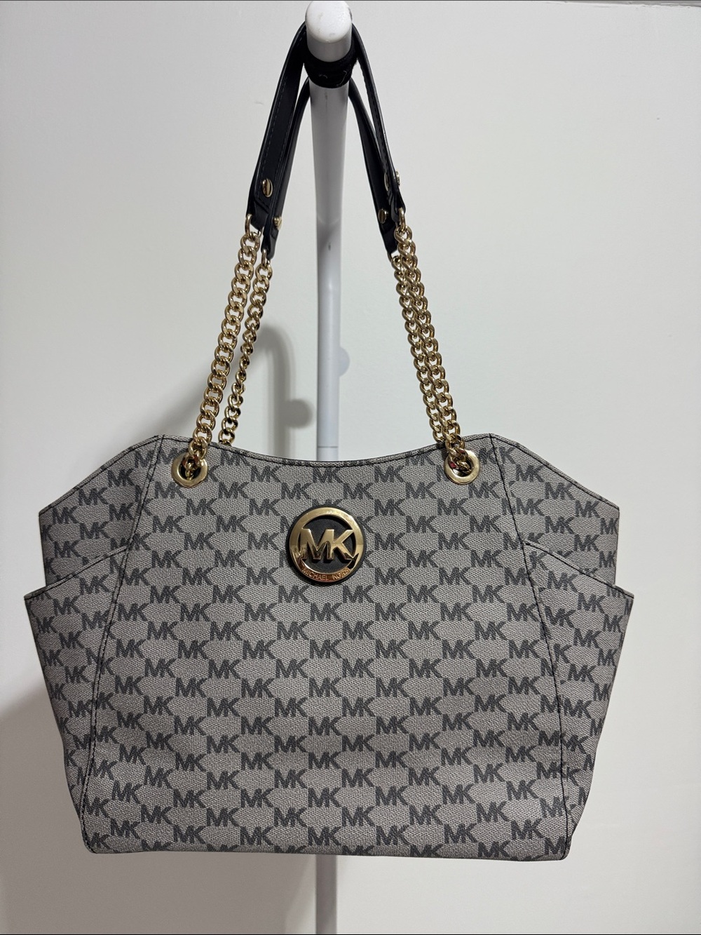 Michael Kors Gray MK Logo Tote with Gold Chain Handles